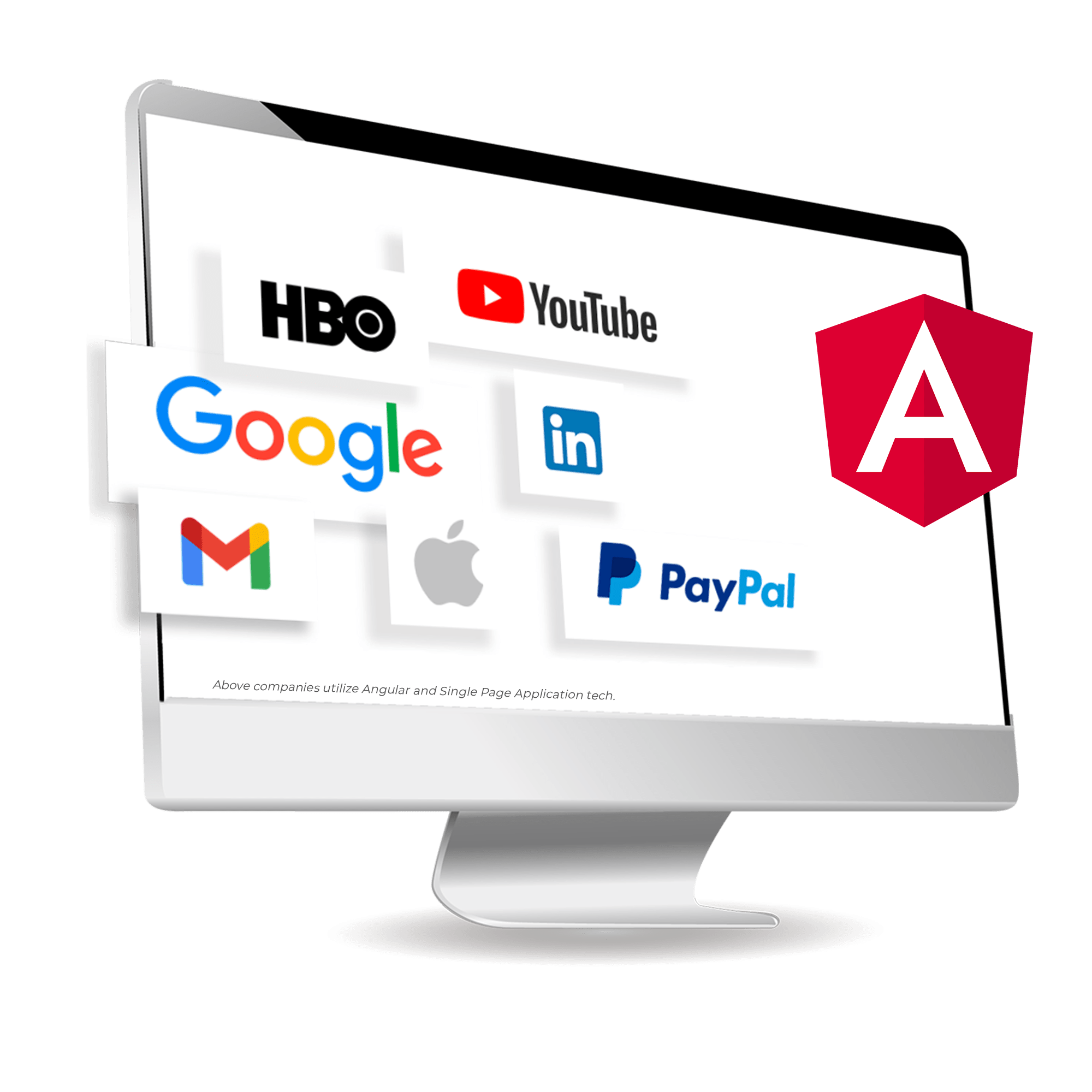 iMac with big Angular logo and Companies utilize Angular and SPA technologies