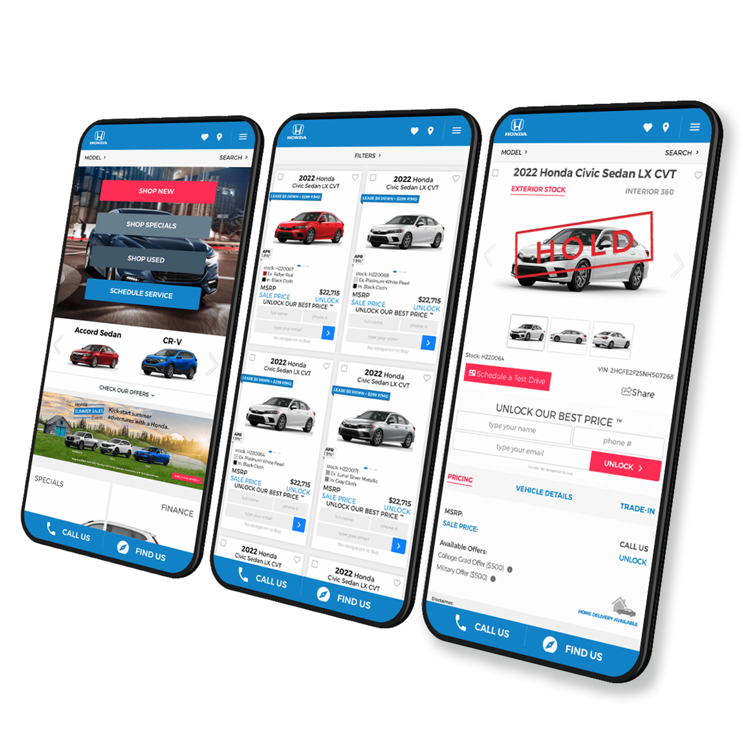 3 Smartphones with the Nabthat dealer’s website showing Honda’s pages