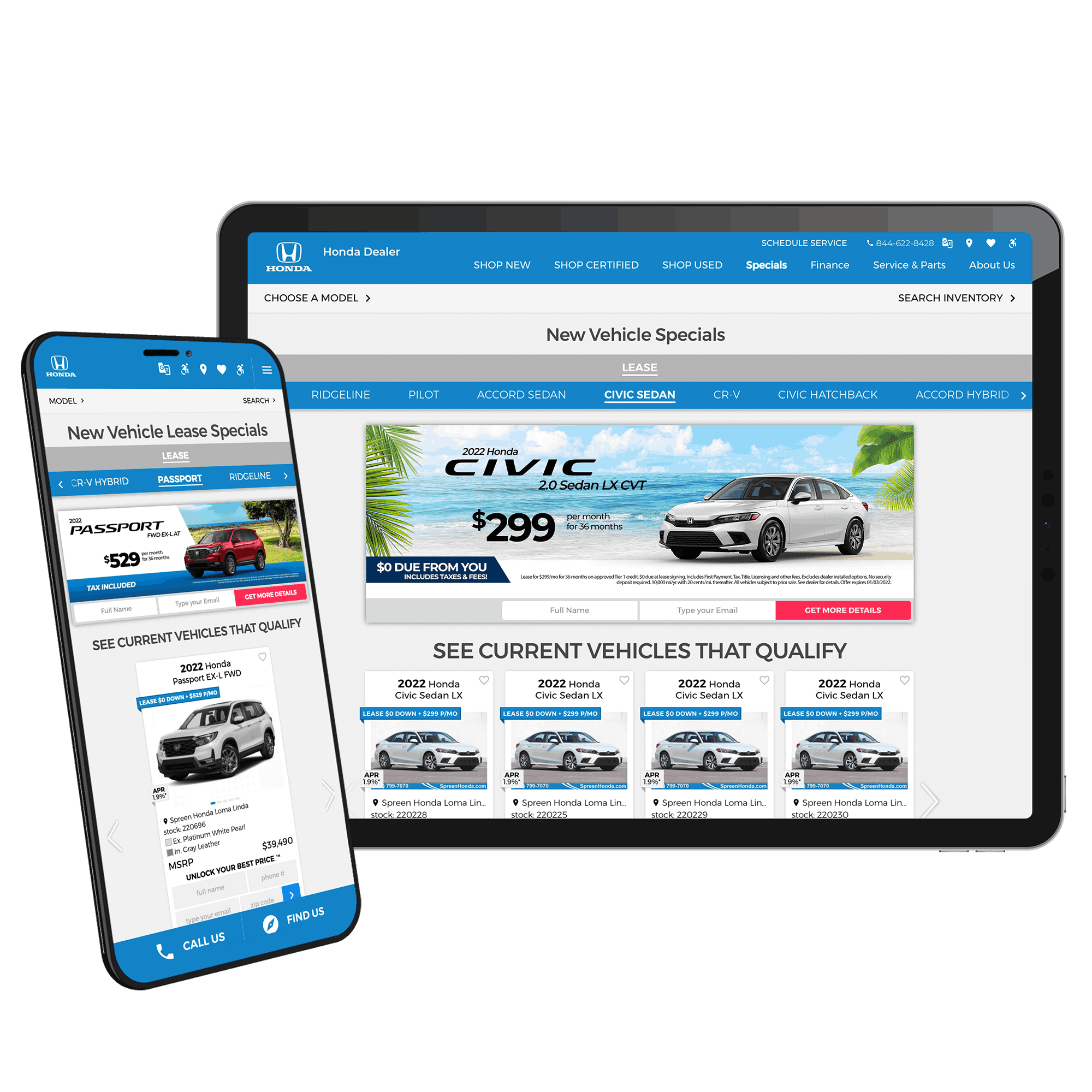Smartphone and tablet with the Nabthat dealer’s website showing Honda’s New Vehicle Specials